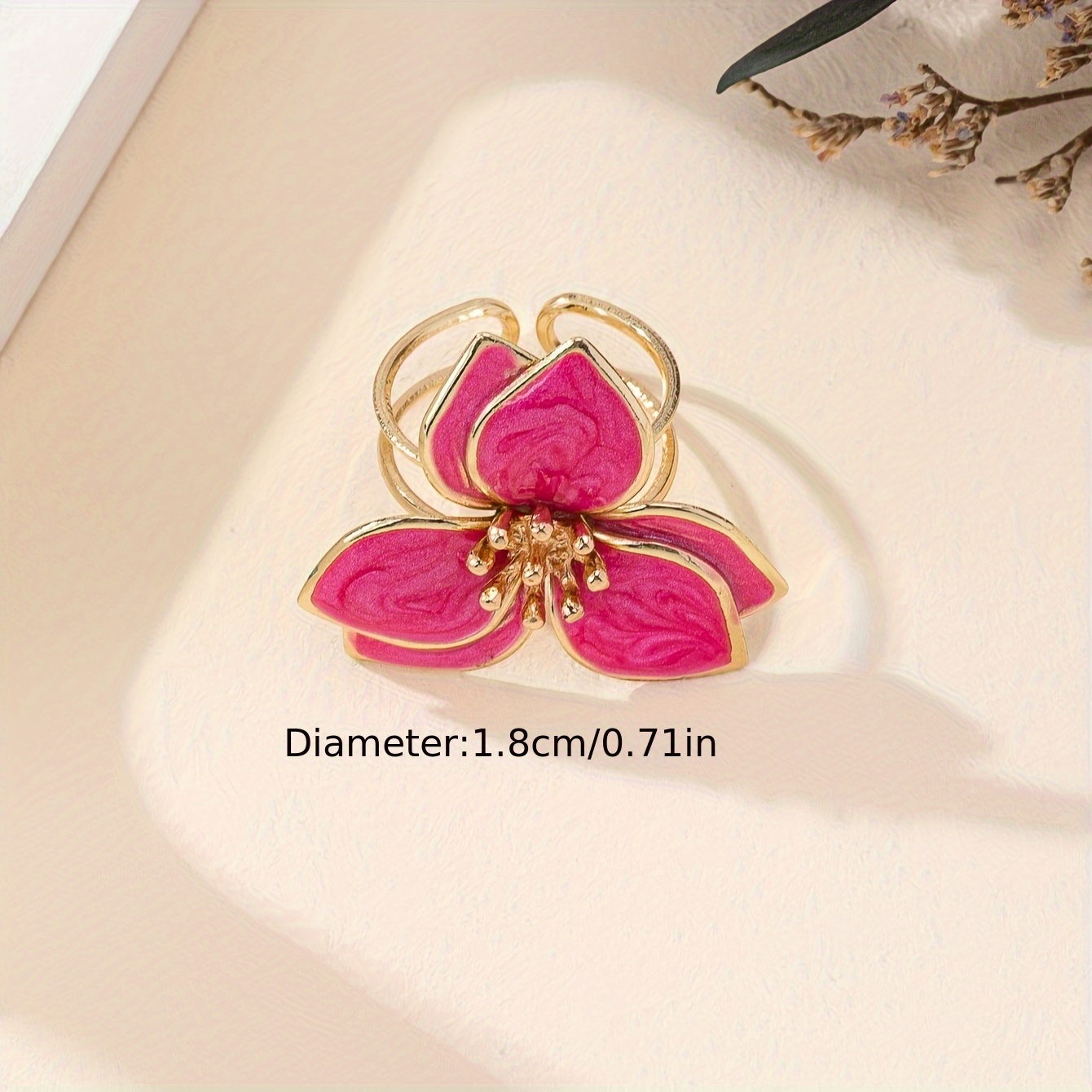 Enamel Flower Ring Green Marble Golden Tone Metal Open Ring